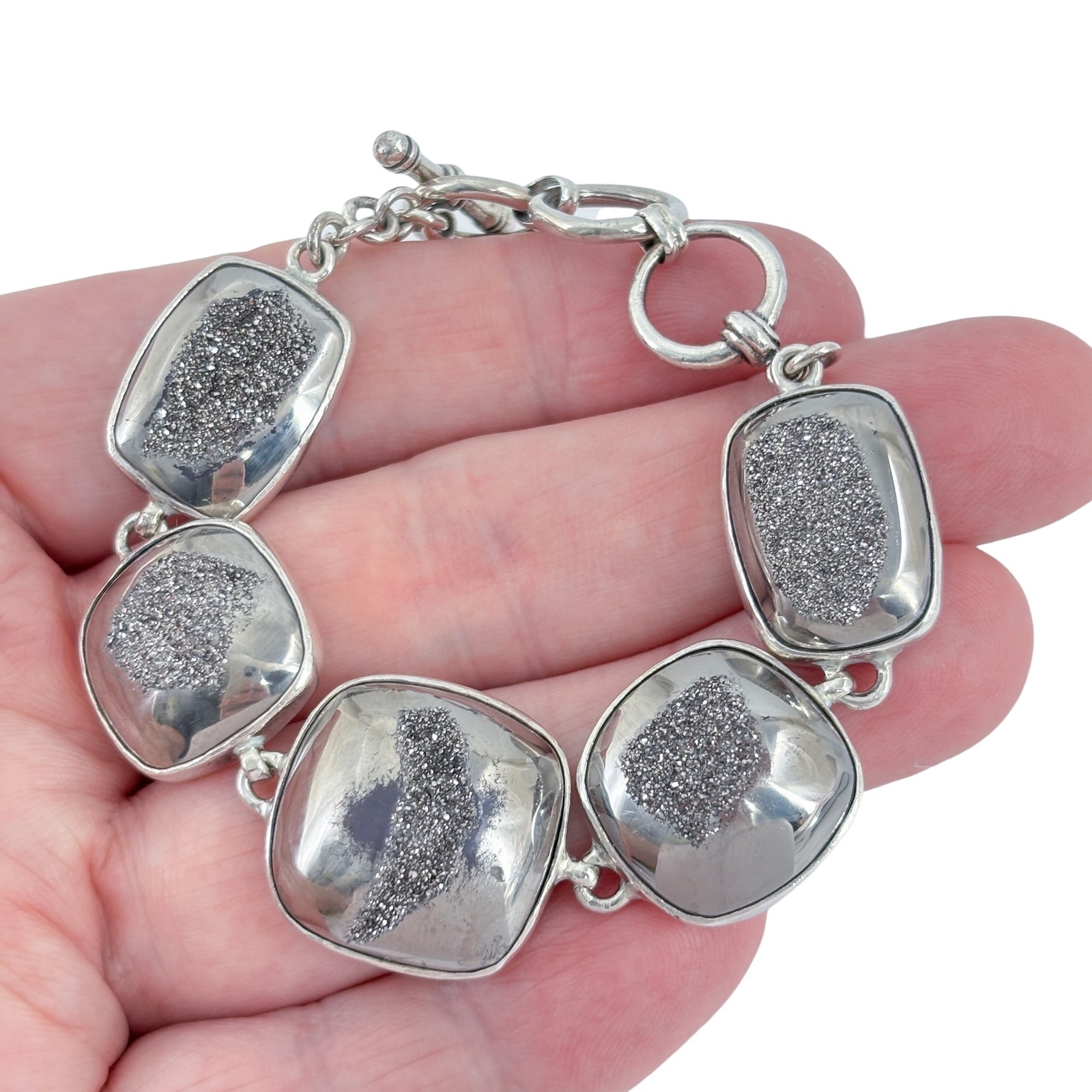 Vintage Sterling Silver 925 Druzy Hematite Link Bracelet 6